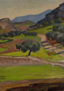 Attic Landscape with Olive Tree in Center — Oil painting, Canvas, 33.00×46.00cm — Theodoros Markellos